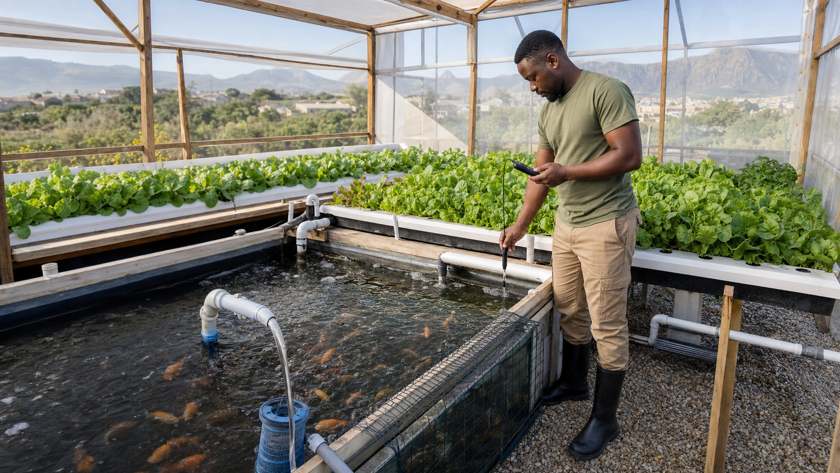 Aquaponics technician testing water beside fish tanks and leafy greens